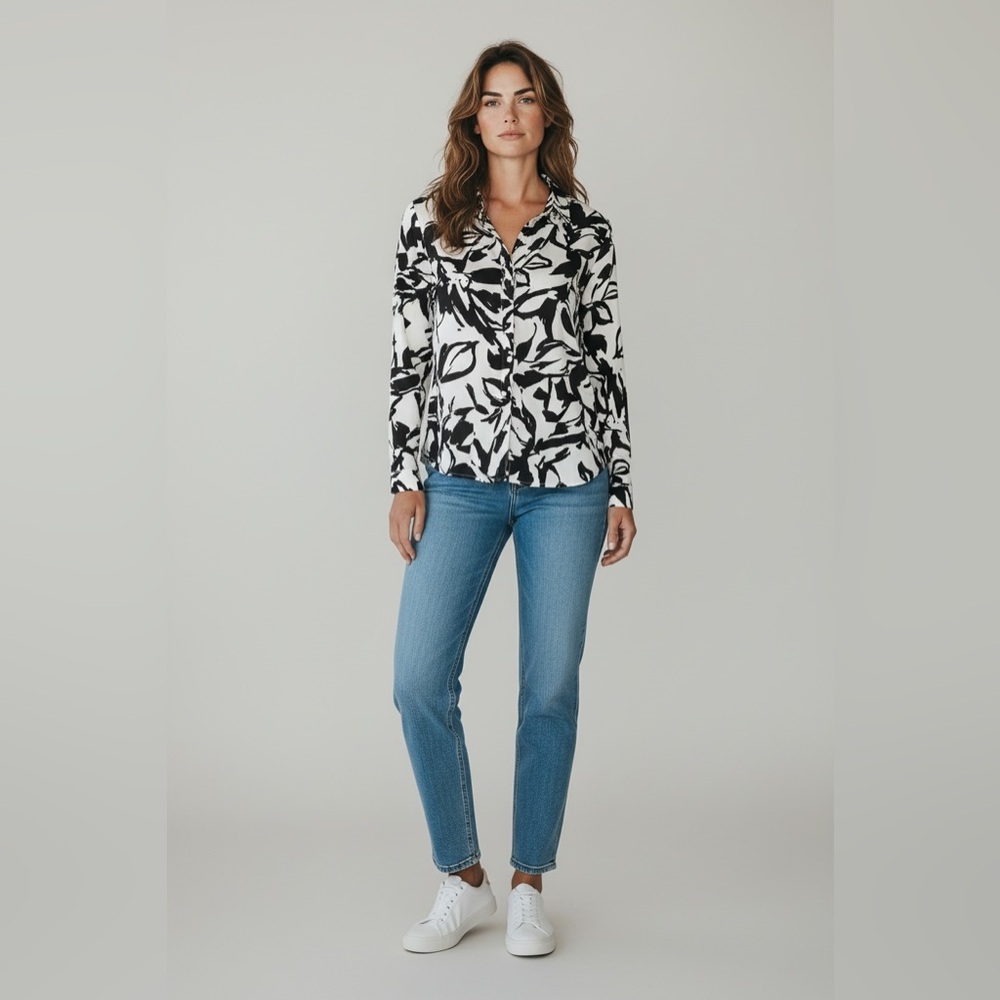 Loft Floral Utility Blouse Black & White Size XS